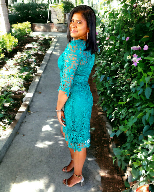 Teal Lace Floral Sheath Dress