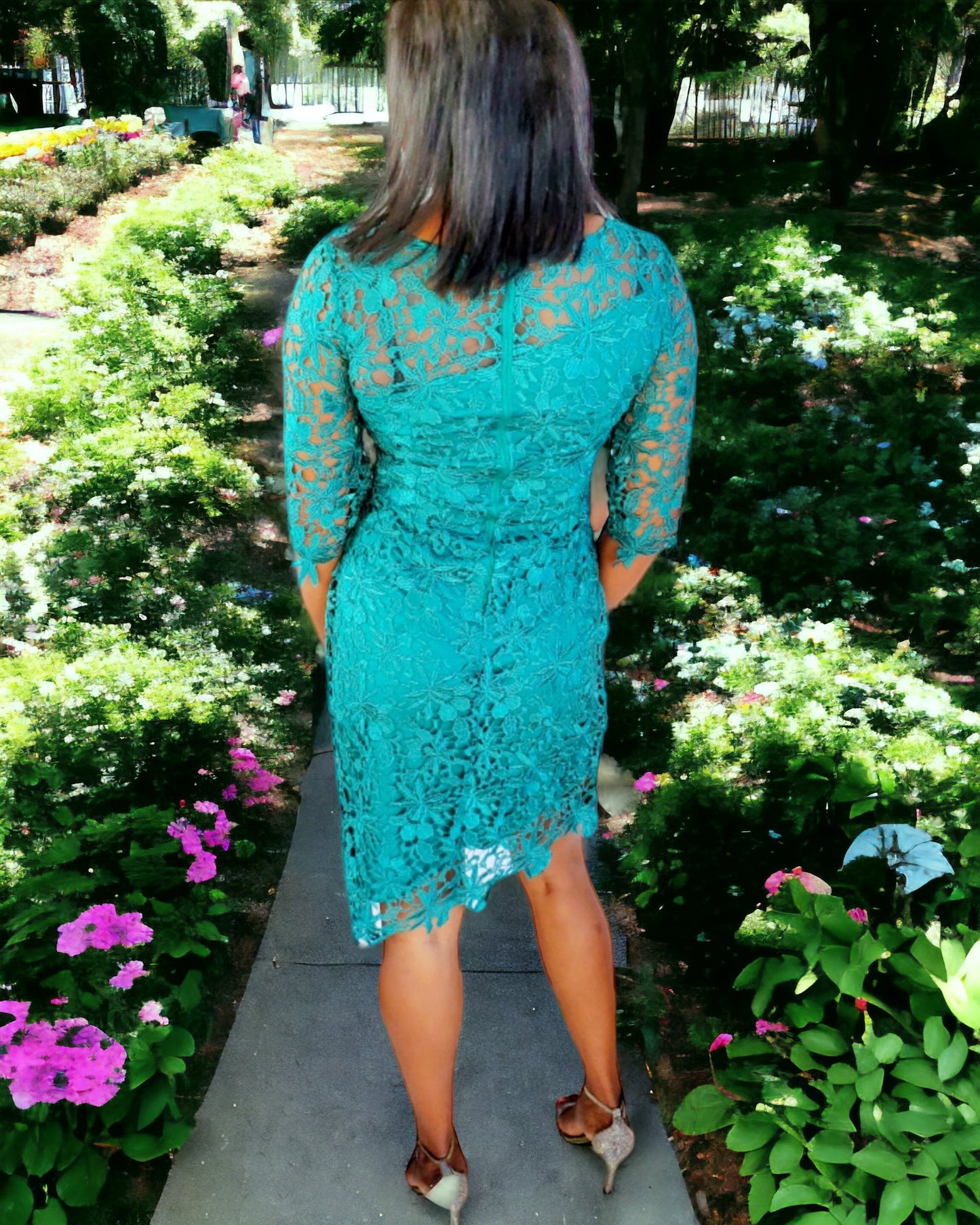 Teal Lace Floral Sheath Dress